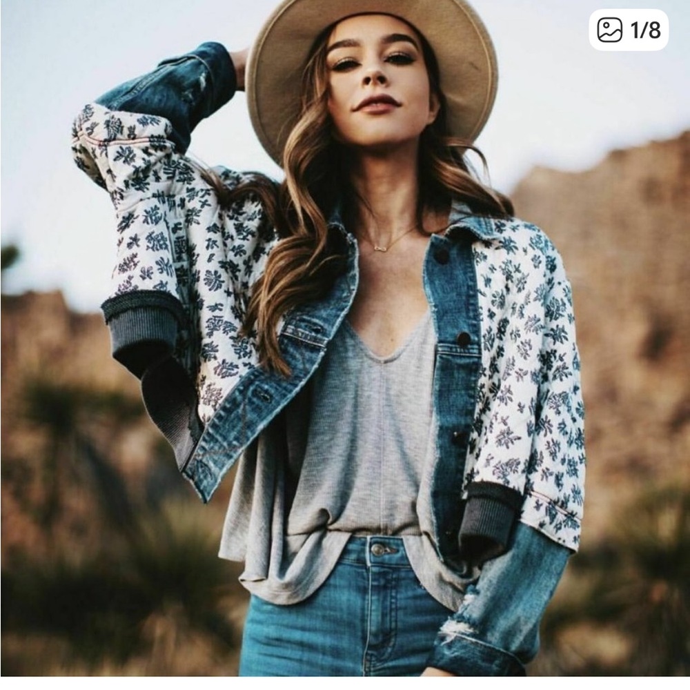 Free People Ditsy Denim Jean Jacket Daisy  M/L ASO